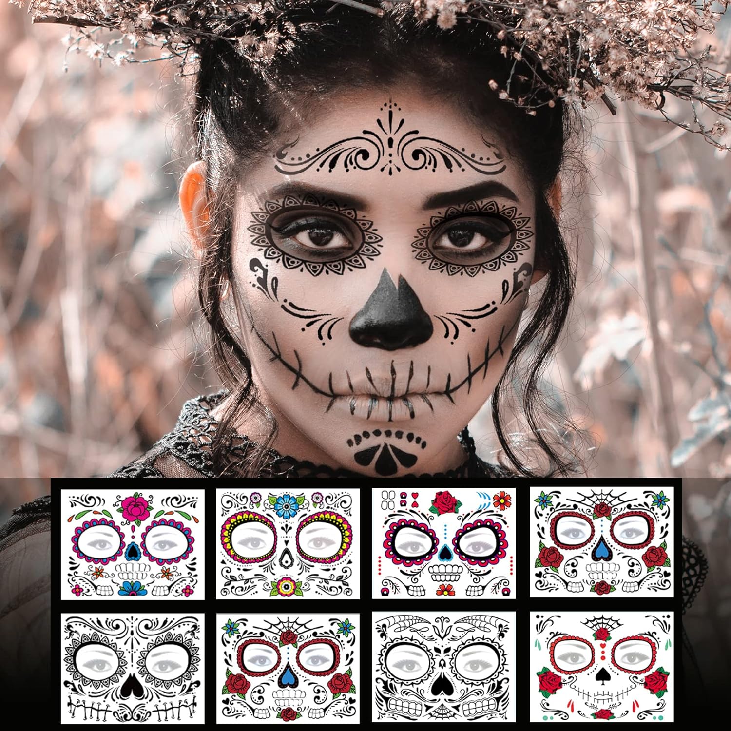 8 Pack Day of The Dead Sugar Skull Face Temporary Tattoo Halloween Makeup Tattoo Stickers for Halloween Masquerade Party