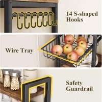 Baker Rack with Power Outlet - Microwave Stand with Storage, Large Coffee Bar Station with 14 Hooks, Metal Kitchen Shelf Rack for Spices, Pots (Rustic Brown) - Image 7