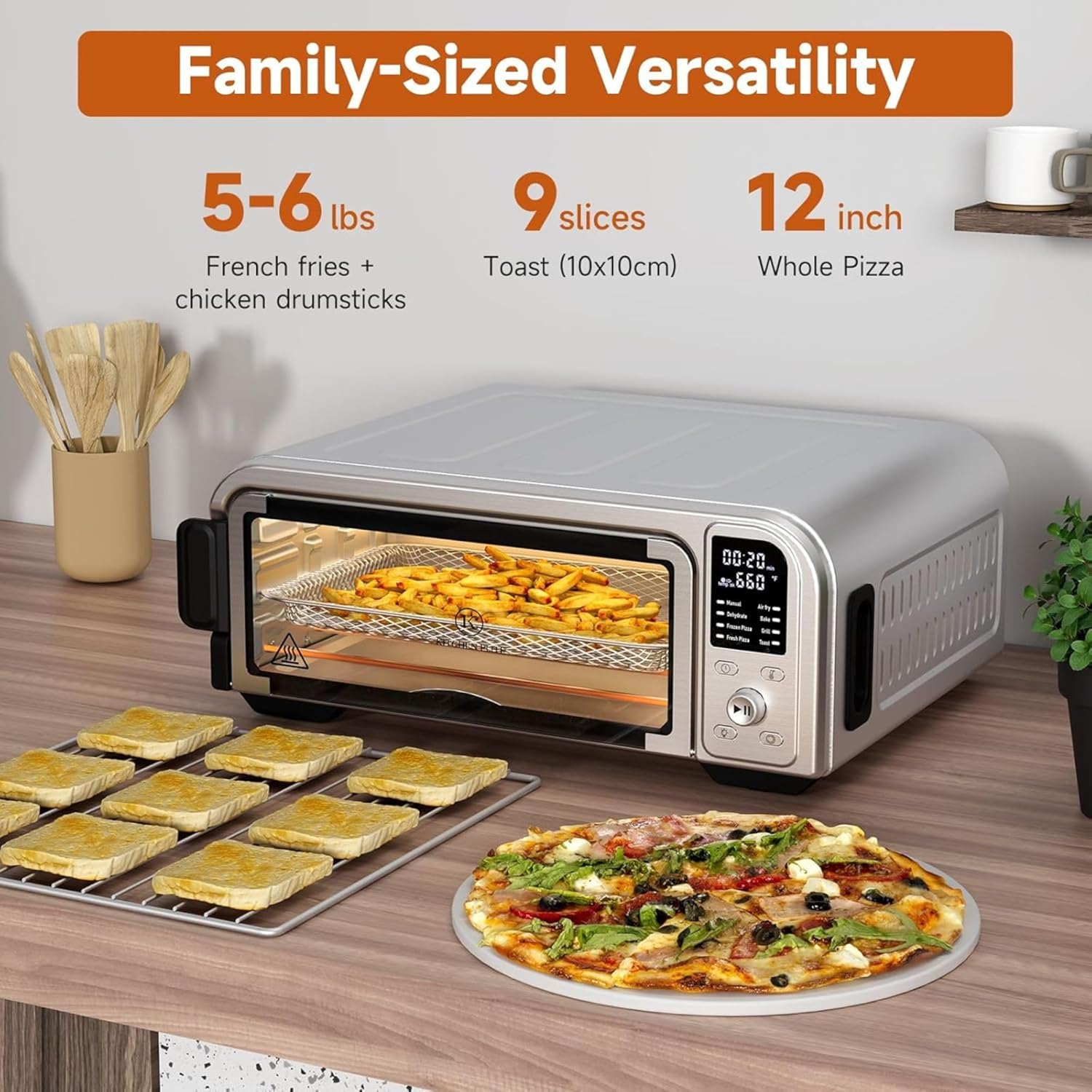 Kitchen Elite 8 in 1 Digital Toaster Oven Air Fryer Combo with Touch Panel and 12 Inch Pizza Capacity, Stainless Steel, Silver - Image 4