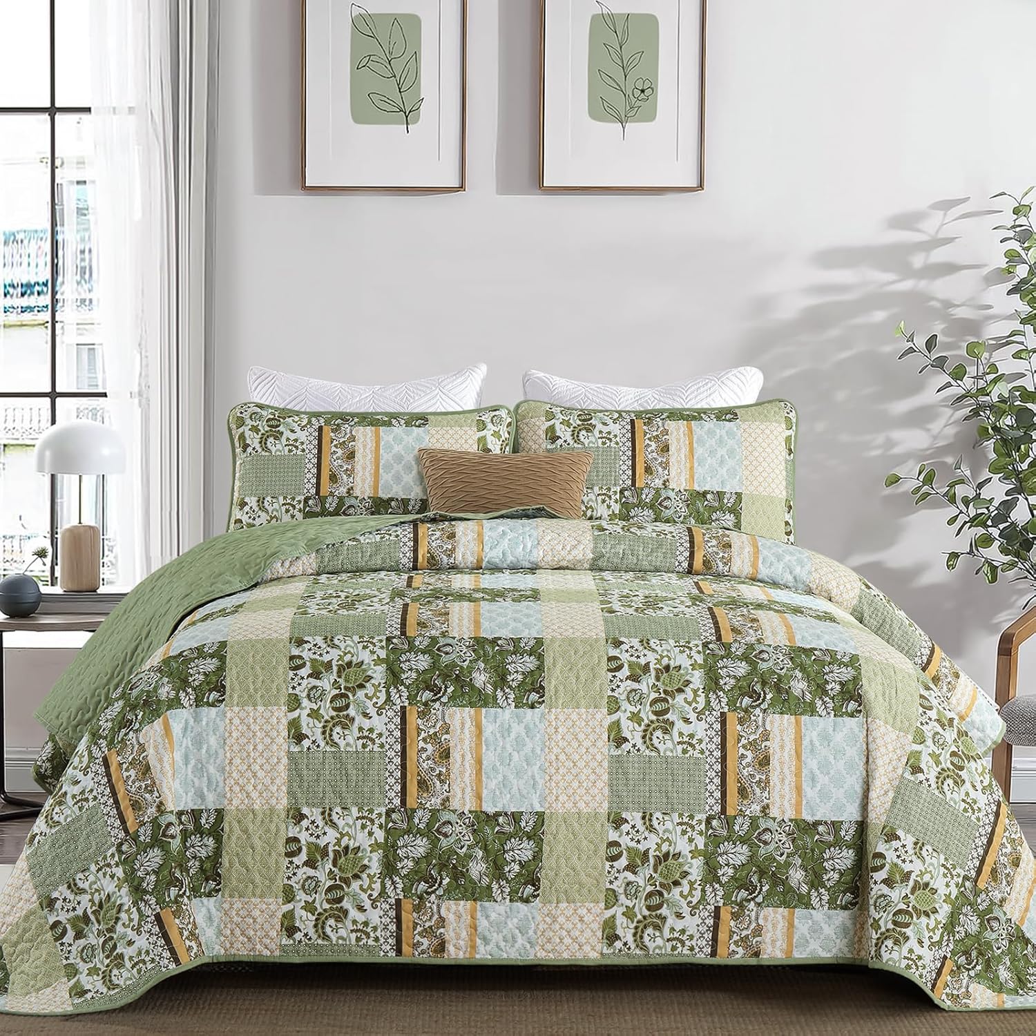 WONGS BEDDING Green Quilt Set King Size,Green Patchwork Plaid Printed Bedspread Coverlet Set,3 Pieces Summer Soft Microfiber Boho Bedding Set with 1 Quilt 2 Pillowcases - Image 2
