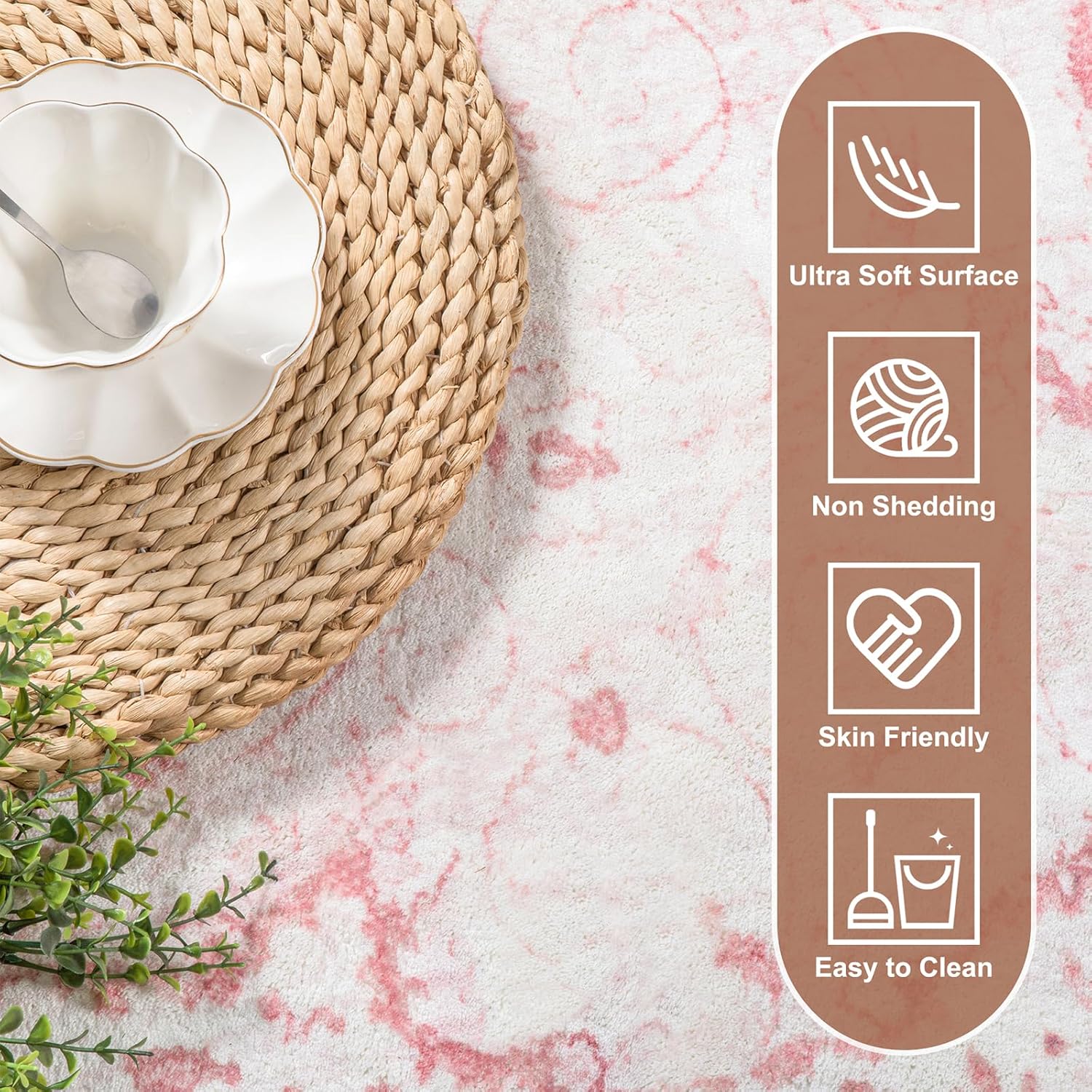 Area Rug - 5x7 Vintage Floral Honeycomb Non Slip Backing Carpet - Pink Softer Thicker Faux Wool Rug - Foldable & Machine Washable Rugs for Living Room Bedroom Nursery Room Home Office - Image 5