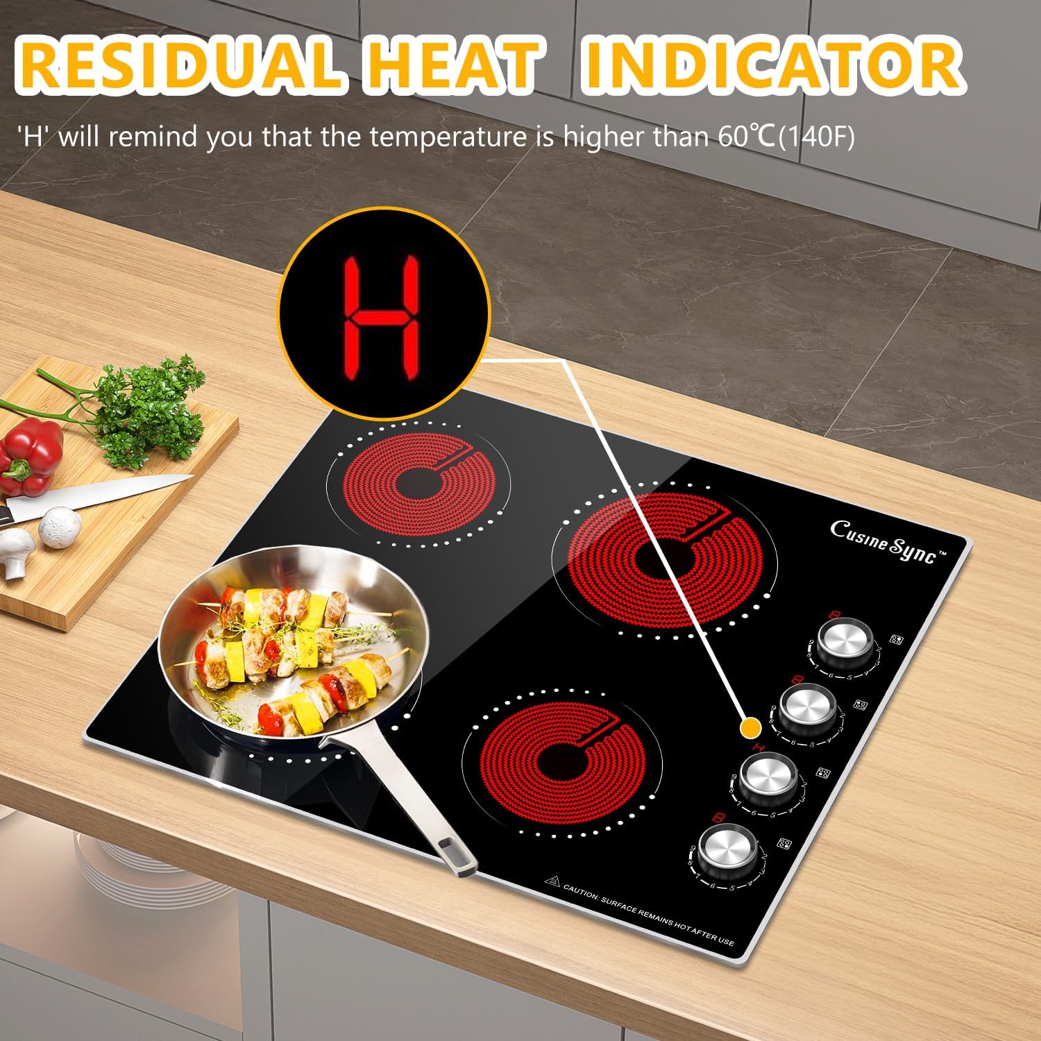 24 Inch Electric Cooktop, 4 Burner Ceramic Stove with 9 Power Levels, Knob Control, Auto shutdown and Residual Heat Warning, 6000W, 220-240V for Hard Wire - Image 6