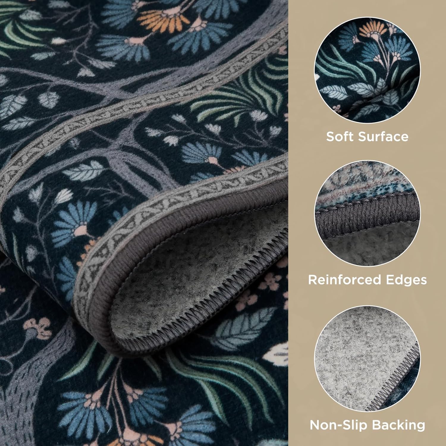 Joydeco Machine Washable Area Rugs 5x7, Boho Floral Rug for Bedroom Non Slip, Soft Forest Botanical Low-Pile Floor Indoor Throw Carpet for Living Dining Room Dorm Office, Blue-Black - Image 3