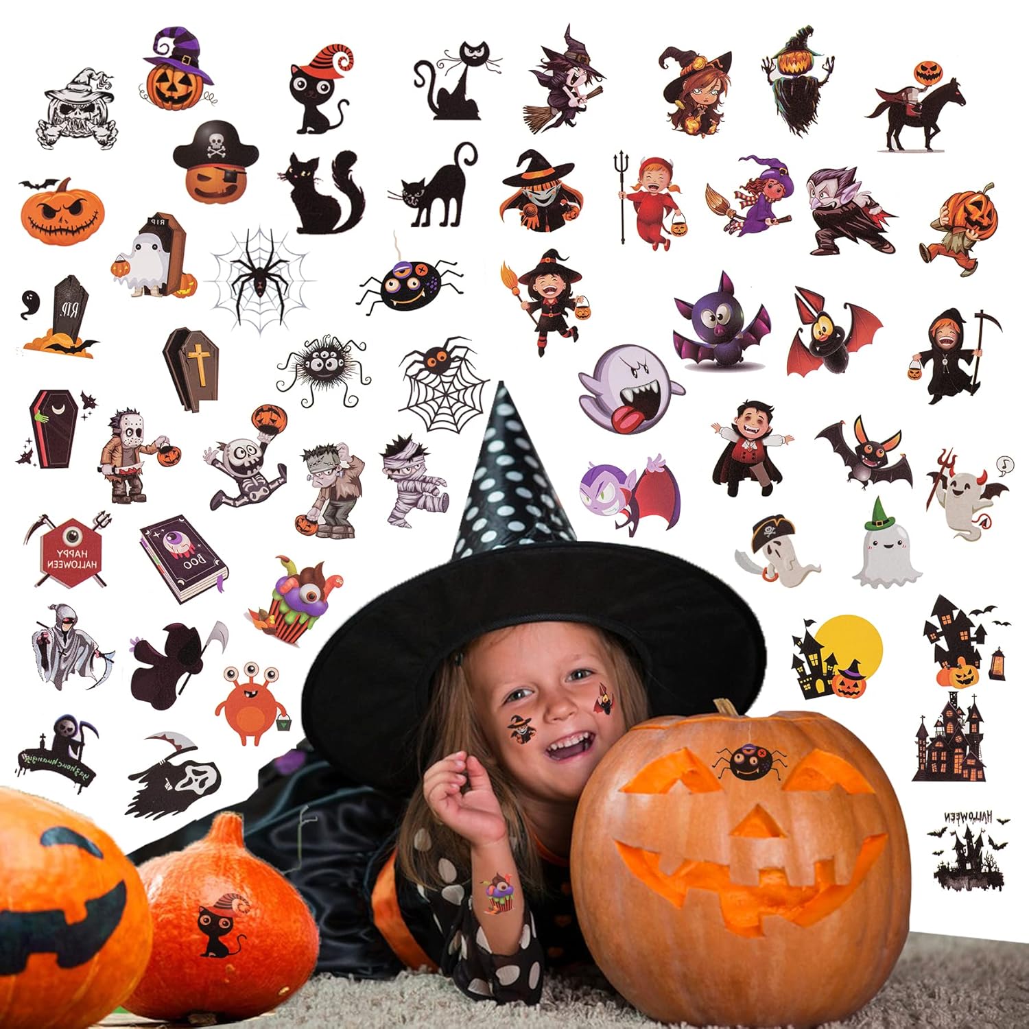 156 PCS Halloween Temporary Tattoos for Kids in 52 Unique Designs - 2 Inch Bulk Halloween Assorted Waterproof Fake Pumpkin Temp Tattoo Sticker for Boys Girls Goody Bag Stuffers Prizes Party Favors - Image 2
