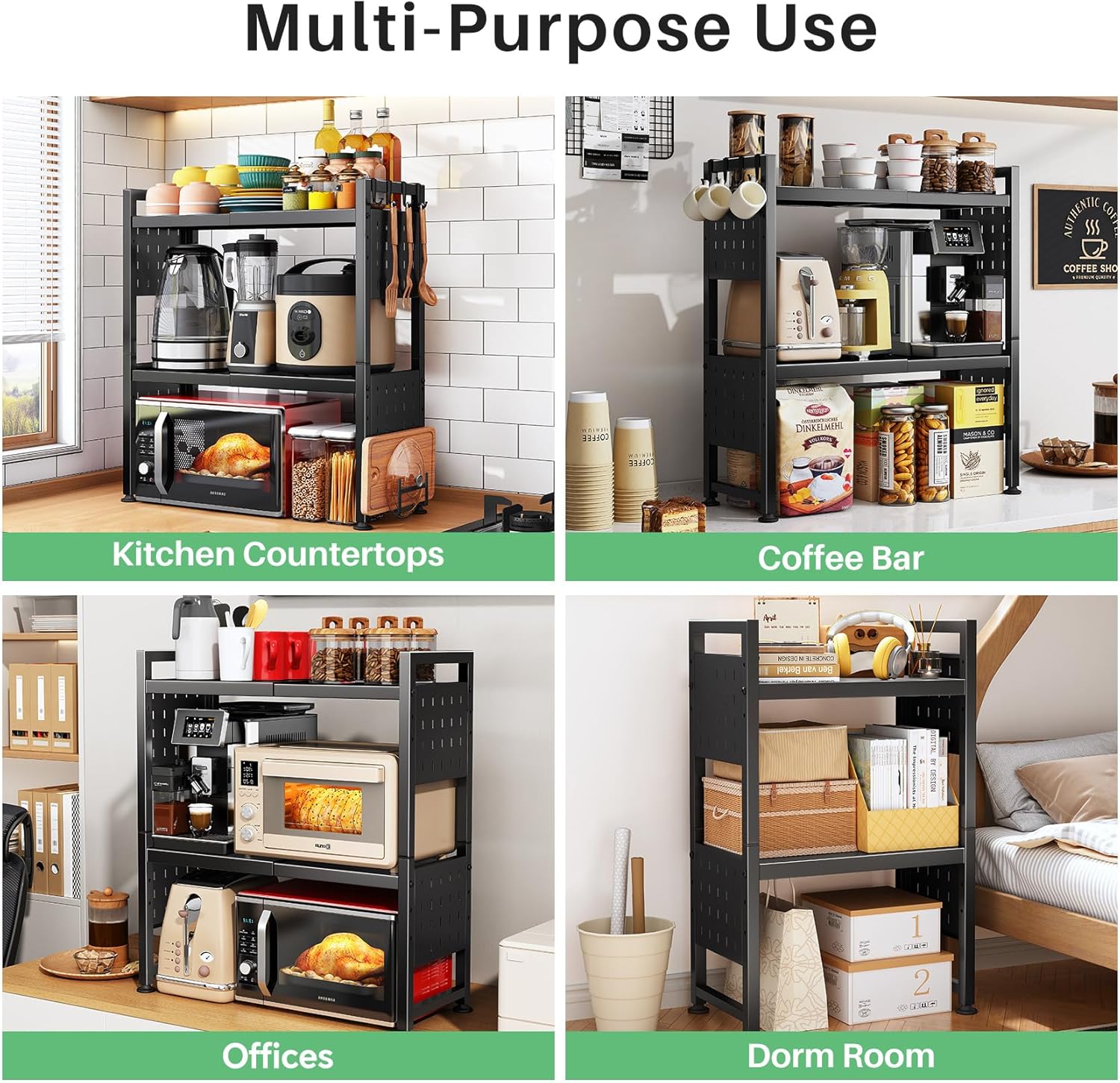 Microwave Stand, 3-Tier Expandable(17.4"- 27.4") Heavy Duty Adjustable Shelf Microwave Oven Rack, Kitchen Countertop Organizer and Storage with 9 Hooks & Cutting Board Holder, Holds up 180 lbs, Black - Image 9