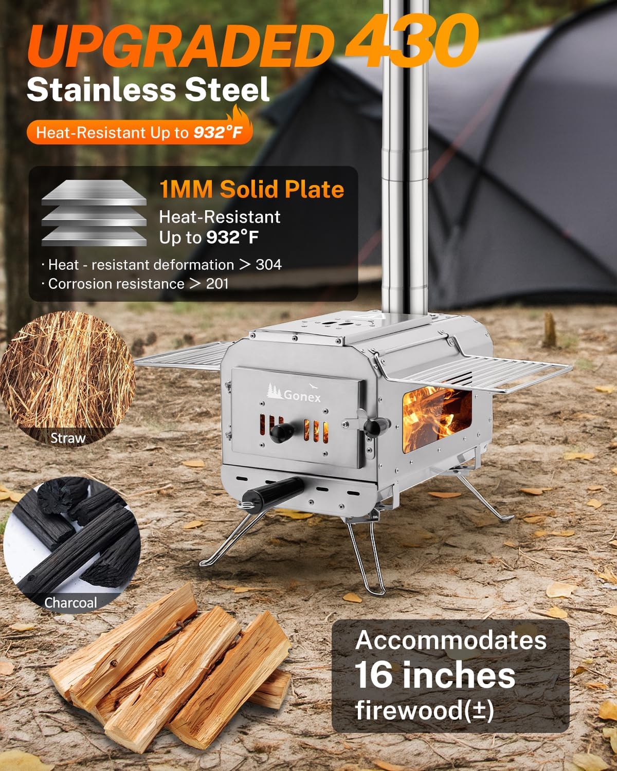 Gonex Hot Tent Stove, Portable Wood Burning Camping Stove with Ash Drawer & Large Firebox for Tent, Outdoor, Heating, Cooking, Ice Fishing - Image 2