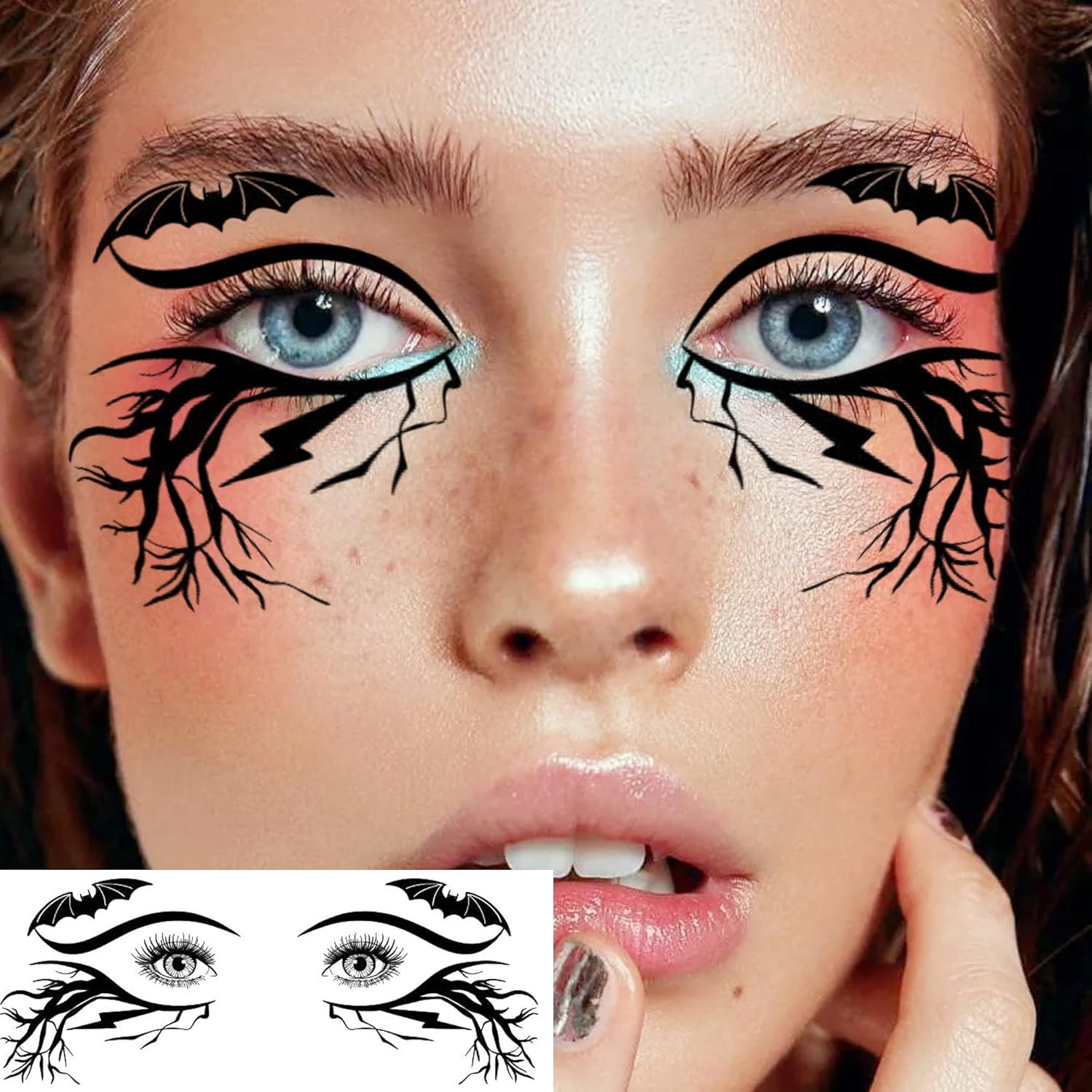 7 Sheets Halloween Eye Shadow Temporary Tattoos For Women Men Kids Adults, Halloween Eye Scary Face 3D Spider Web Tattoo Stickers, Cat Skull Bat Eyeliner Fake Tattoos Halloween Makeup Accessory - Image 7