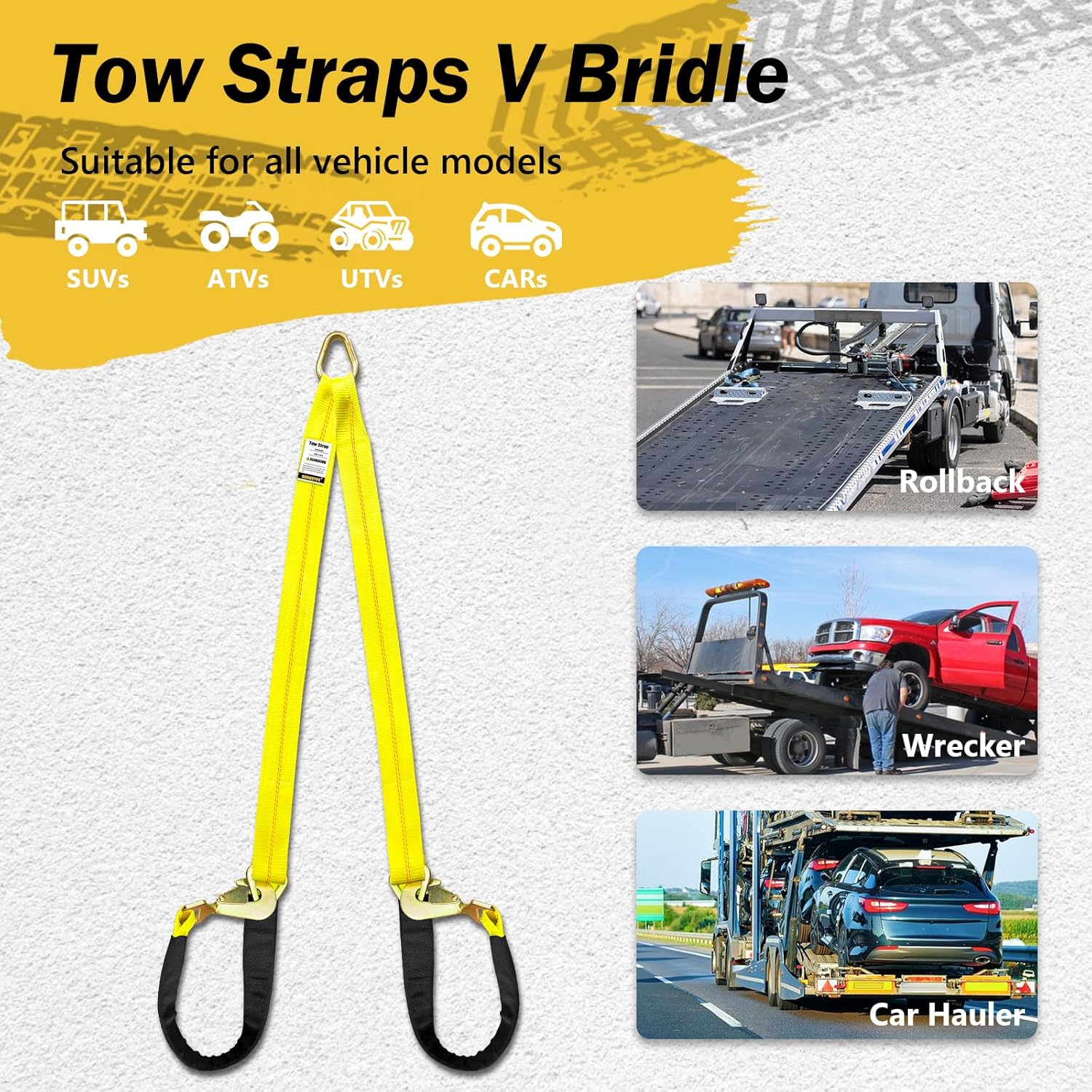 Axle V-Bridle Strap, 2" x 6' With 4700LBS Capacity, Tie Down With Snap Hooks, Cordura Sleeve, D Ring Middle - ATV Car Truck Recovery Tow Trailer - Image 6