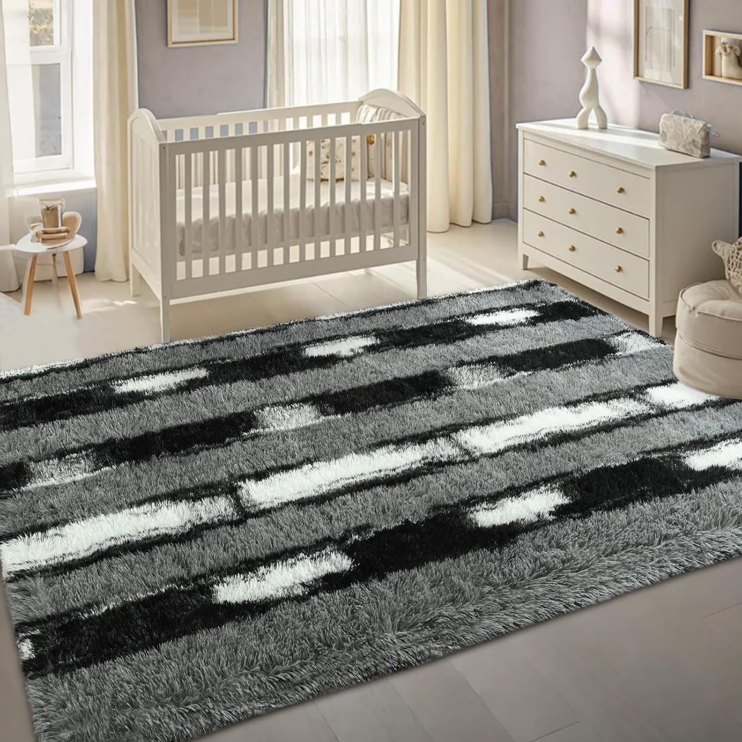Fluffy Area Rugs for Bedroom Living Room, 4x6 Black and Grey Soft Plush Striped Rug, Modern Indoor Non Slip Washable Carpet, Furry Throw Carpets for Home Decor - Image 6
