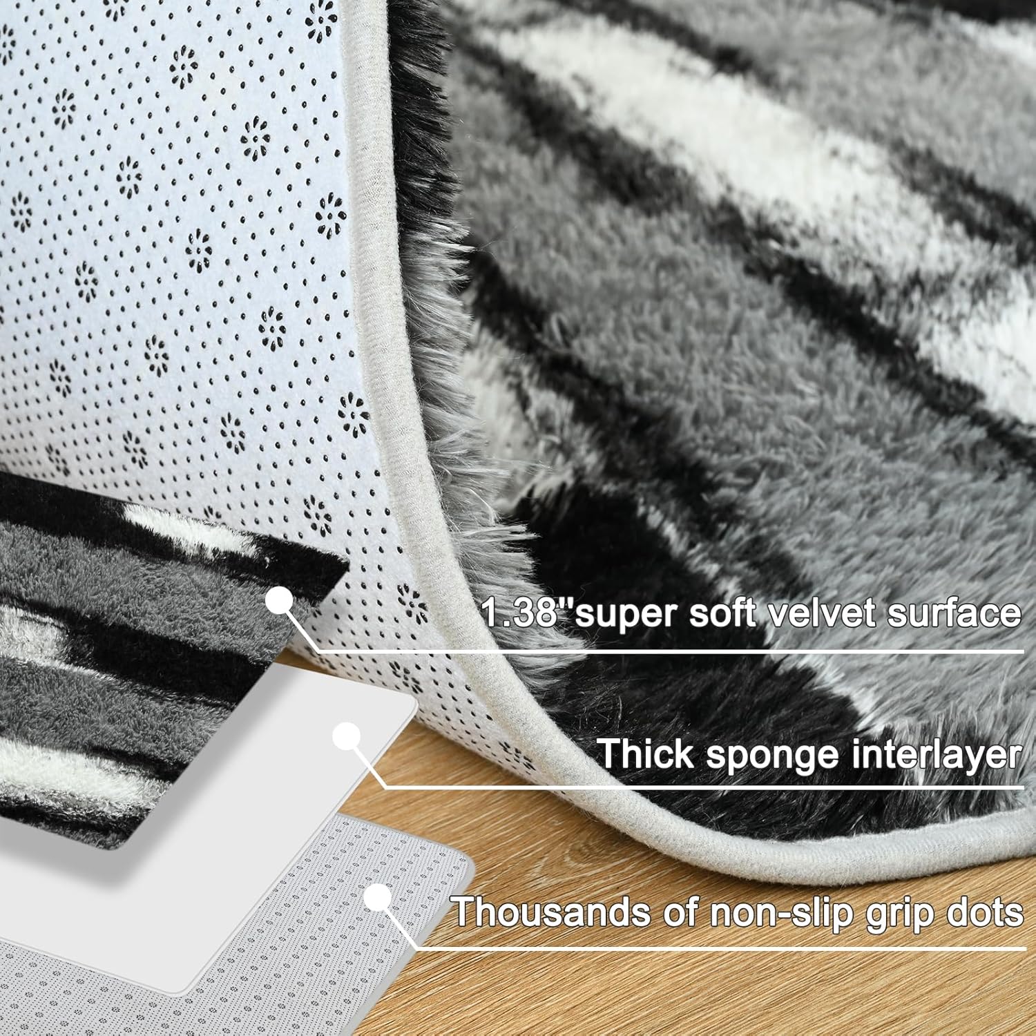 Fluffy Area Rugs for Bedroom Living Room, 4x6 Black and Grey Soft Plush Striped Rug, Modern Indoor Non Slip Washable Carpet, Furry Throw Carpets for Home Decor - Image 4