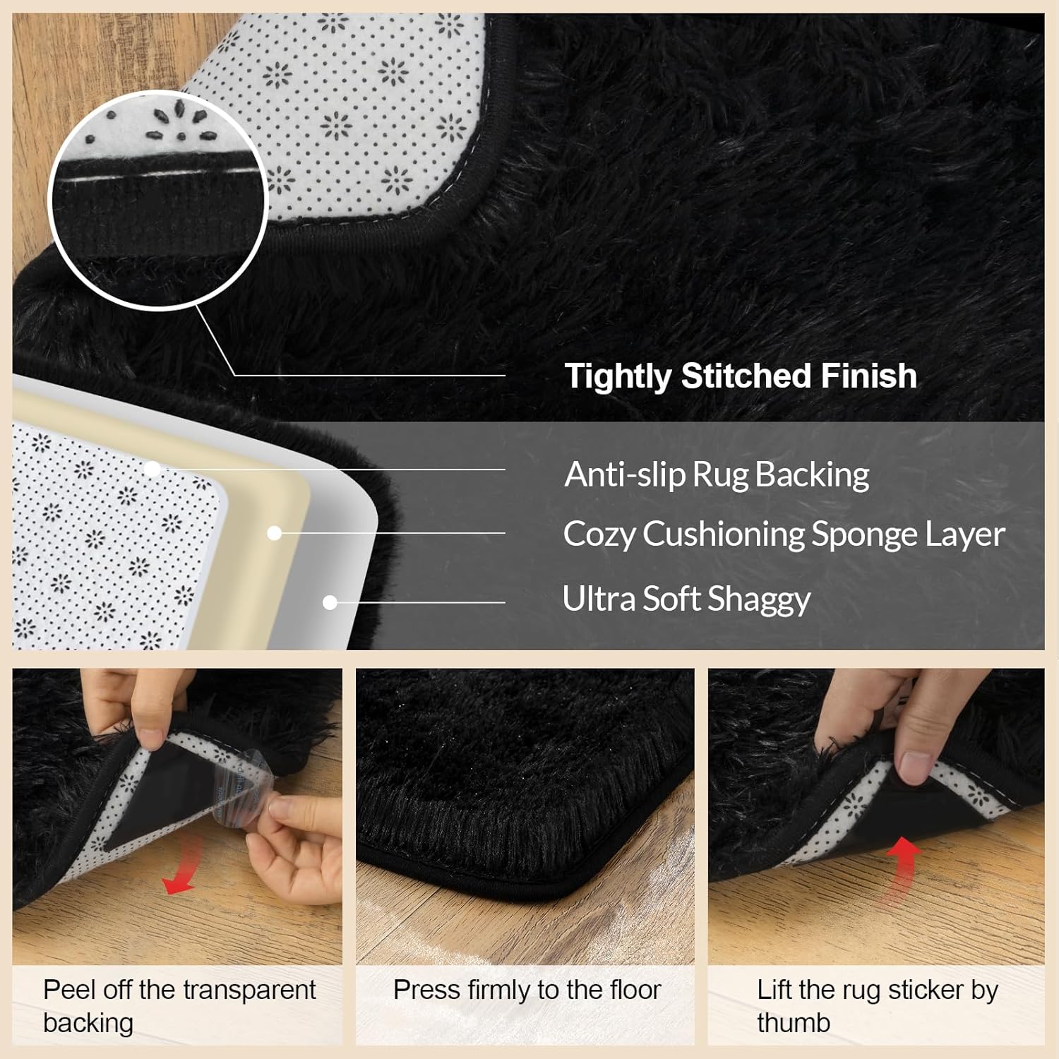 Black Rugs for Living Room, 4x6 Feet Large Fluffy Area Rugs for Bedroom, Soft Carpet Shag Kids Rug with 4 Non-Slip Rug Pads(4ft x 6ft, Black) - Image 2