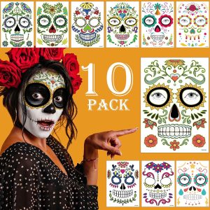 Day of the Dead Face Tattoos Makeup Kit, 10 Pack Halloween Sugar Skull Red Roses Temporary Tattoos for Adults Women Men Kids, DIY Skull Full Face Mask Stickers for Halloween Party Cosplay Supplies