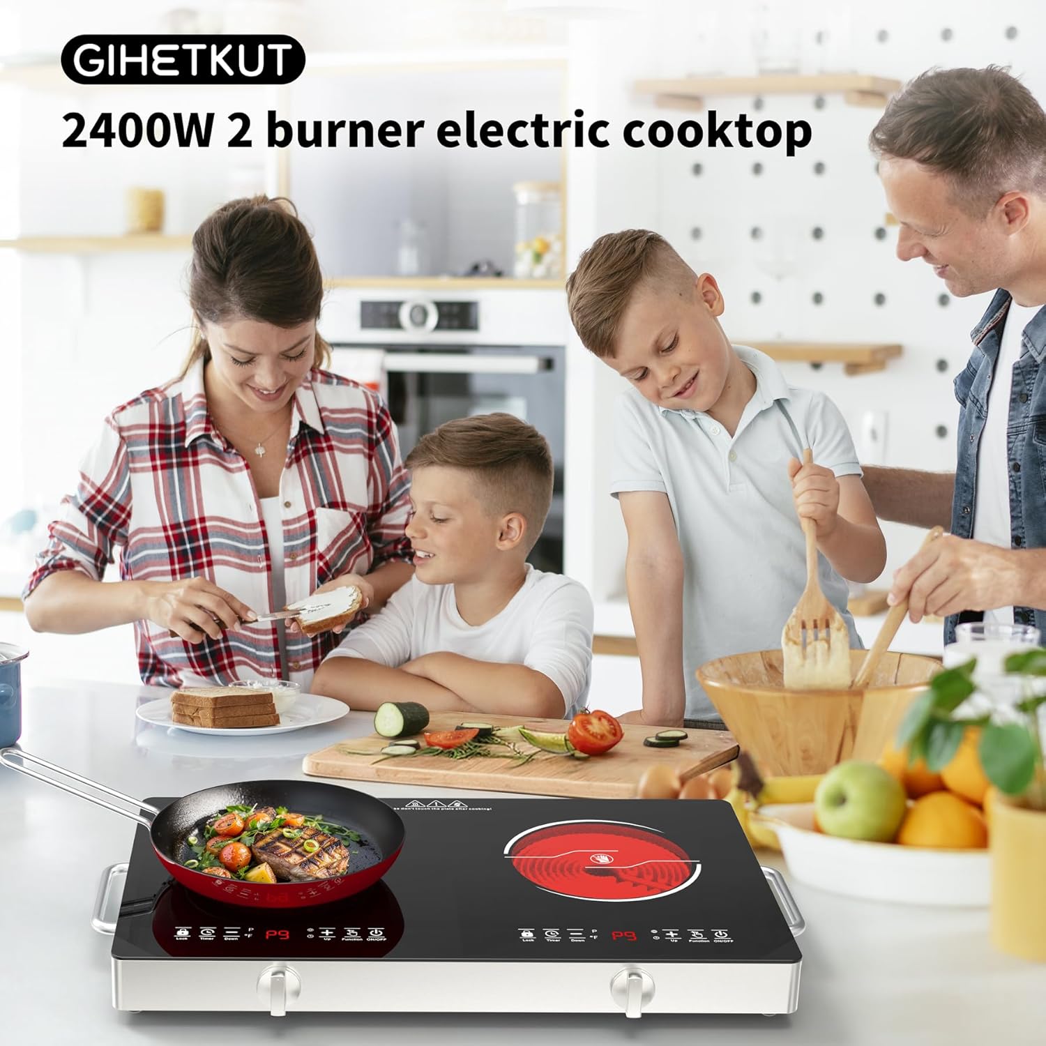 Electric Cooktop,110V 2400W Stove top, Countertop Cooktop with 9 Power Levels, LED Display,Child Safety Lock, Timer,Knob and Touch Control 2 burner Electric cooktop - Image 2