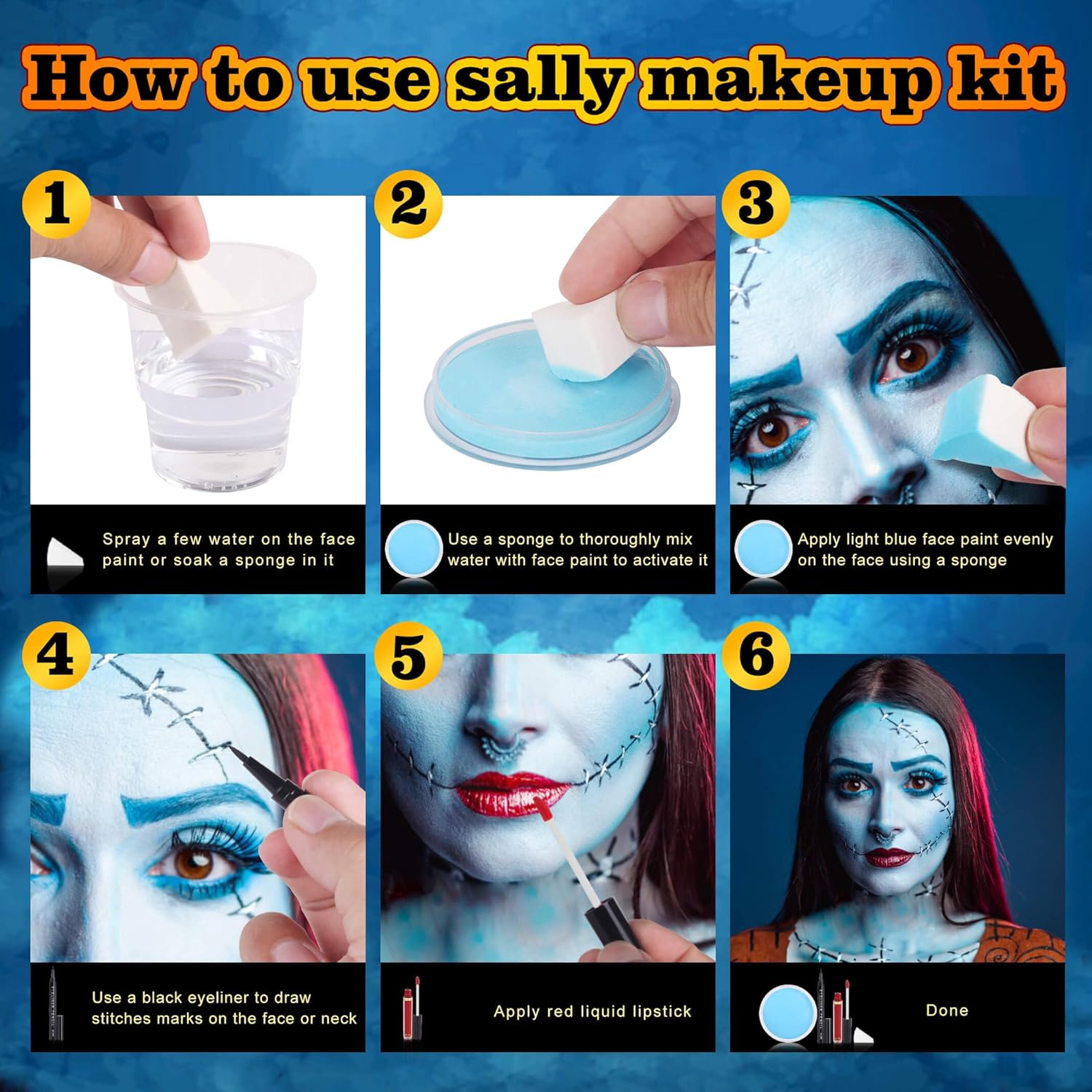 4 Pcs Sally Makeup Kit,Corpse Bride SFX Halloween Baby Blue ,Water Activated Face Paint Makeup Kit,Sally Face Costume Women Cosplay,Light Blue Body Paint+Eyeliner+Lipstick+Sponge - Image 4