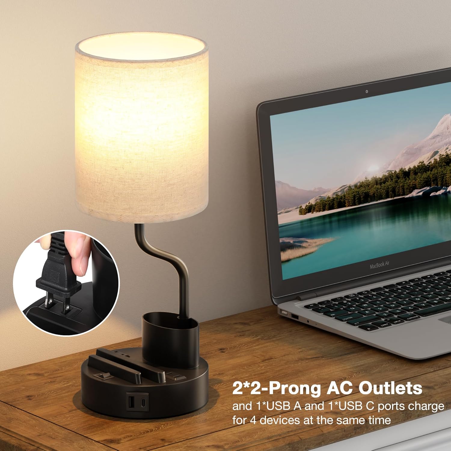 Bedside Table Lamps for Bedroom Set of 2 - Nightstand Light with AC Outlet and USB A & C for Charging, 3 Color Temperatures, Study Desk Lamp with Pen Holder & Phone Stand for Living Room/Dorm/Office - Image 4