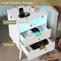 White Nightstand with Charging Station and LED Lights,Modern Bedside Table with 2 Storage Drawer and Open Wood Shelf, for Bedroom and Small Spaces,Night Stand with Solid Wood Legs,White - Image 6