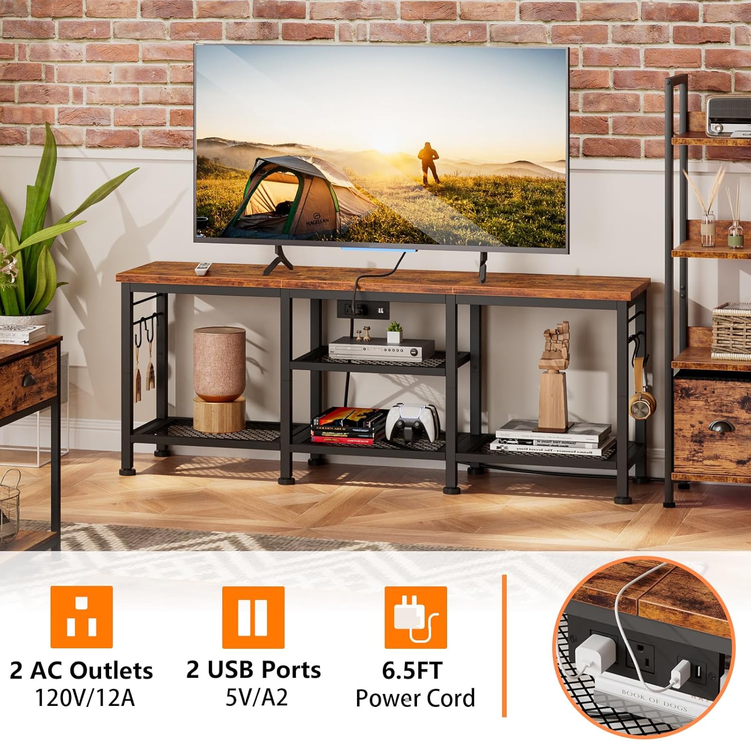 Furologee TV Stand with Power Outlets, Entertainment Center with Open Storage Shelves for TVs up to 55 Inch, Media Console Table with Soundbar Shelf for Living Room, Bedroom, Rustic Brown - Image 3