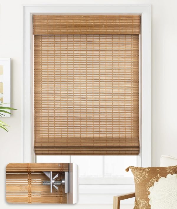 LazBlinds No Tools No Drill Cordless Bamboo Roman Shades, Custom Light Filtering Window Treatment, Roll Up Bamboo Blinds for Windows, Squirrel