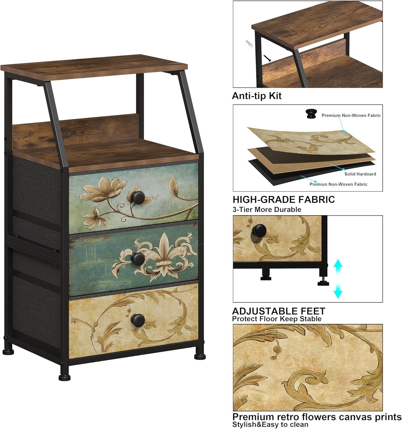 Tohomeor Dresser with Fabric Drawers Nightstand with 2 Tier Shelf Storage Tower for Bedroom Hallway Entryway Closet Organizer Sofa Beside Table Furniture (Multi, 3 Drawers) - Image 5