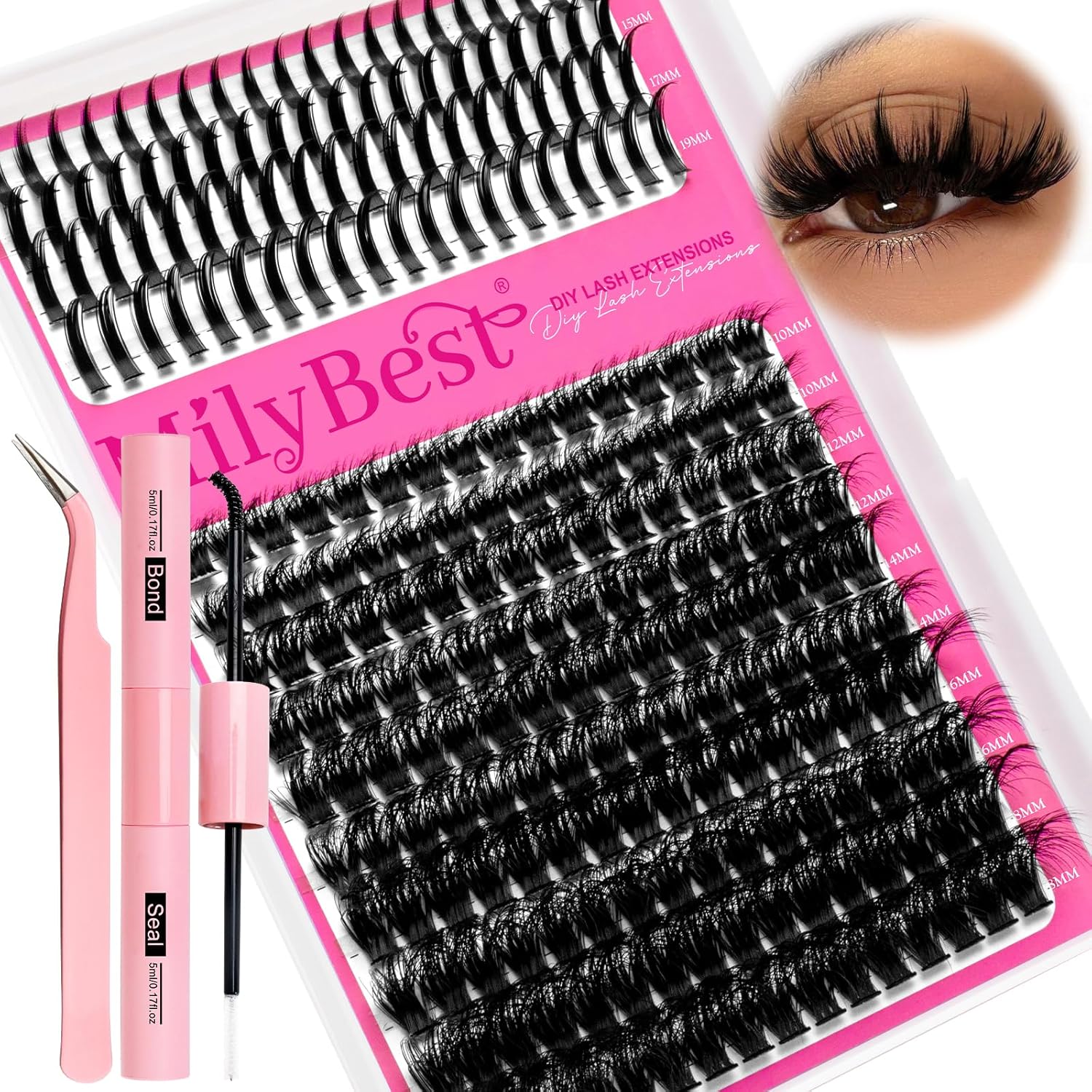 Manga Lash Clusters Kit 100D Eyelash Clusters with DIY Spikes 13-19MM Spiky Volume Cluster Eyelash Extensions Wispy Individual Lash Extensions Kit Anime Lashes Cluster Bond & Seal Tweezer by MilyBest - Image 8