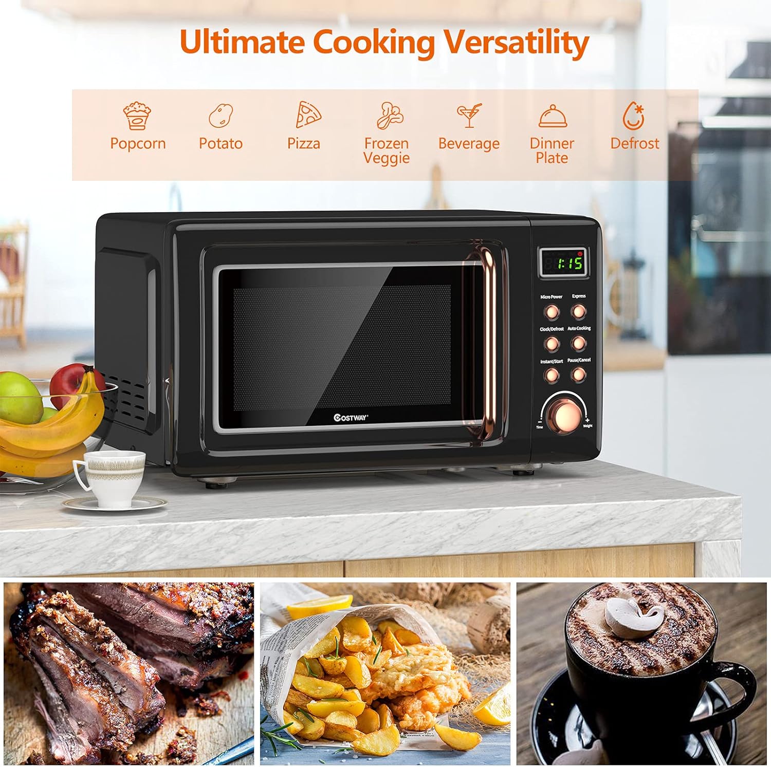 COSTWAY Retro Countertop Microwave Oven, 0.7Cu.ft, 700-Watt, High Energy Efficiency, 5 Micro Power, Delayed Start Function, with Glass Turntable & Viewing Window, LED Display, Child Lock (Gold) - Image 3