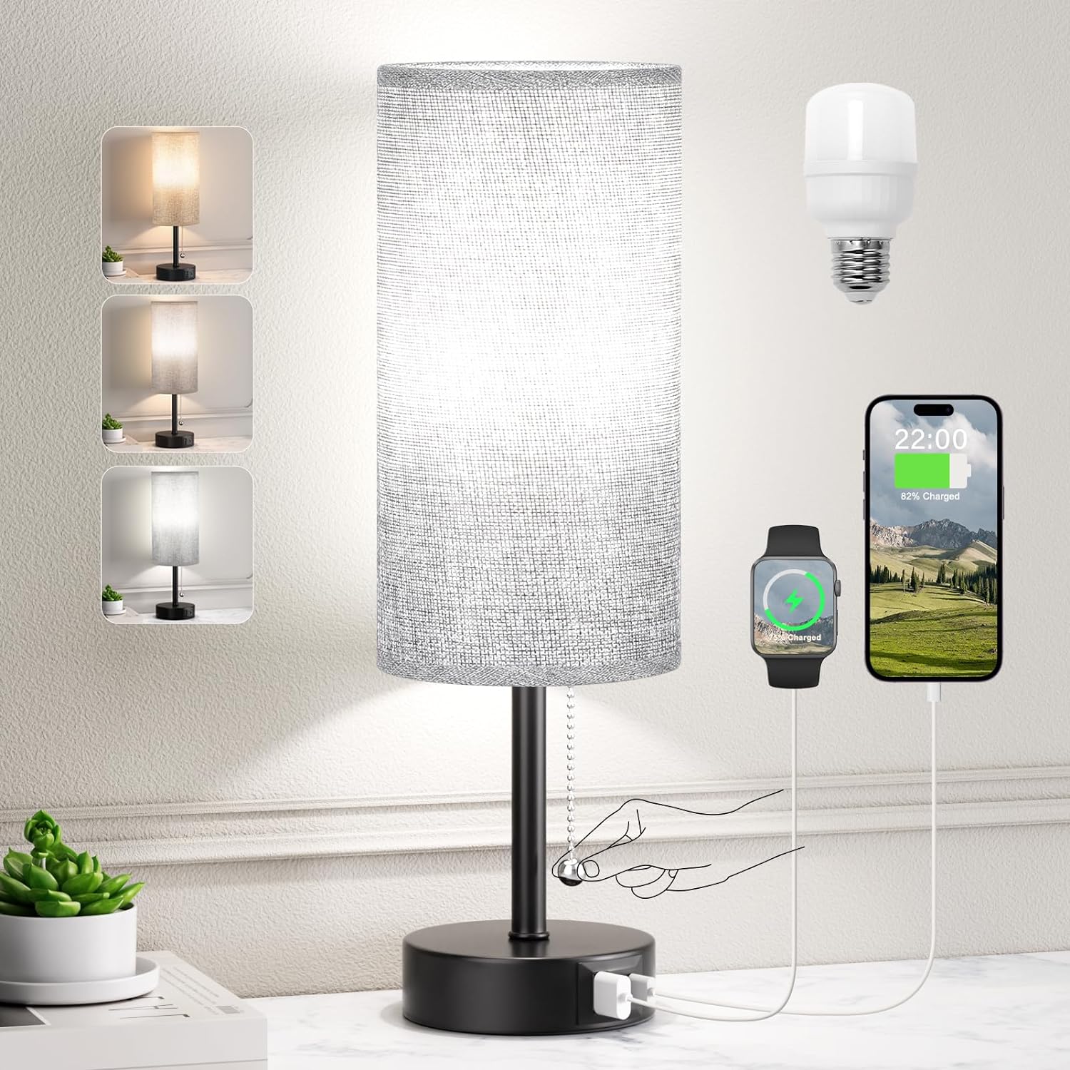 Grey Bedside Lamp for Bedroom Nightstand - Small Table Lamp with USB A + C Charging Port, 3 Color Temperatures Pull Chain Night Stand Light with Bulb, Side Table Desk Reading Lamp for Living Room/Dorm - Image 9