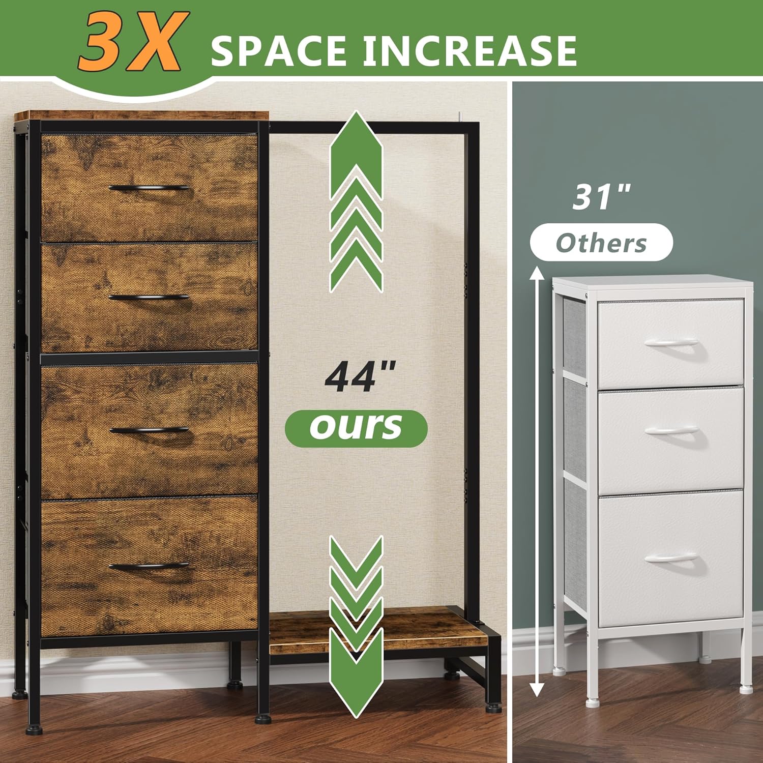 Dresser with Hanging Rack, 4 Drawers Small Closet for Bedroom, Reversible Fabric Kids Chest of Drawers with Clothes Rack, Tall Storage Tower, Sturdy Frame, Rustic Brown, 44''H - Image 4