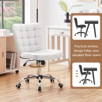 Yaheetech Armless Desk Chair Modern Tufted Office Chair Faux Leather Upholstered Computer Chair with Adjustable Seat Height and Rolling Wheels for Home/Office, White - Image 5
