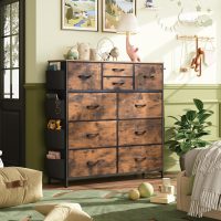 WLIVE Fabric Dresser for Bedroom with 10 Drawers, Chest of Drawers with Side Pockets and Hooks, Sturdy Metal Frame, Drawers Organizer Unit for Living Room, Hallway, Rustic Brown Wood Grain Print - Image 6