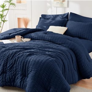 HYMOKEGE Navy Blue Queen Comforter Set Seersucker 7 Pieces, All Season Luxury Bed in a Bag for Bedroom, Bedding Set with Comforters, Sheets, Pillowcases & Shams