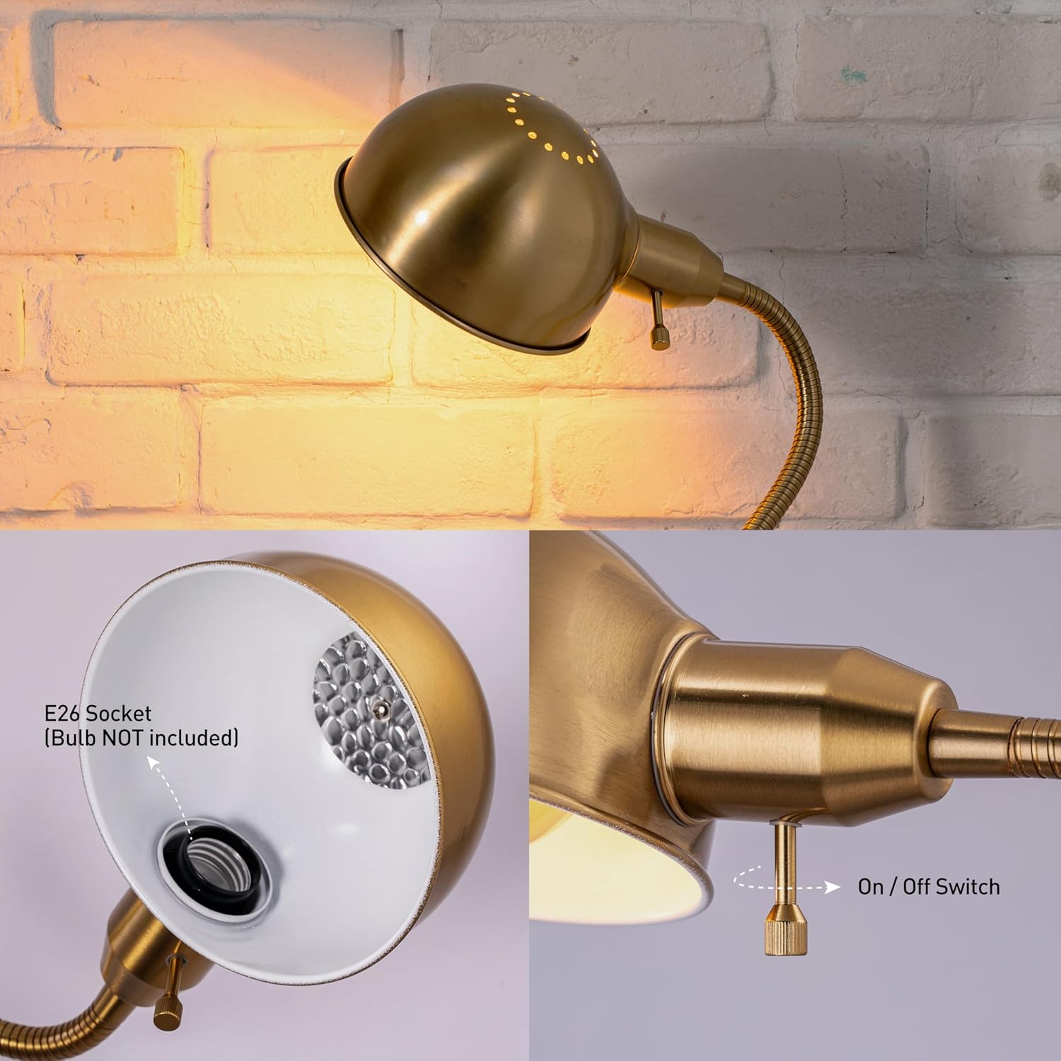 O'Bright Nova - Adjustable Floor Lamp with Flexible Gooseneck and Rotatable Shade, E26 Socket, 10-Inch Base - Ideal for Reading, Bedside, Living Room, Antique Brass - Image 5