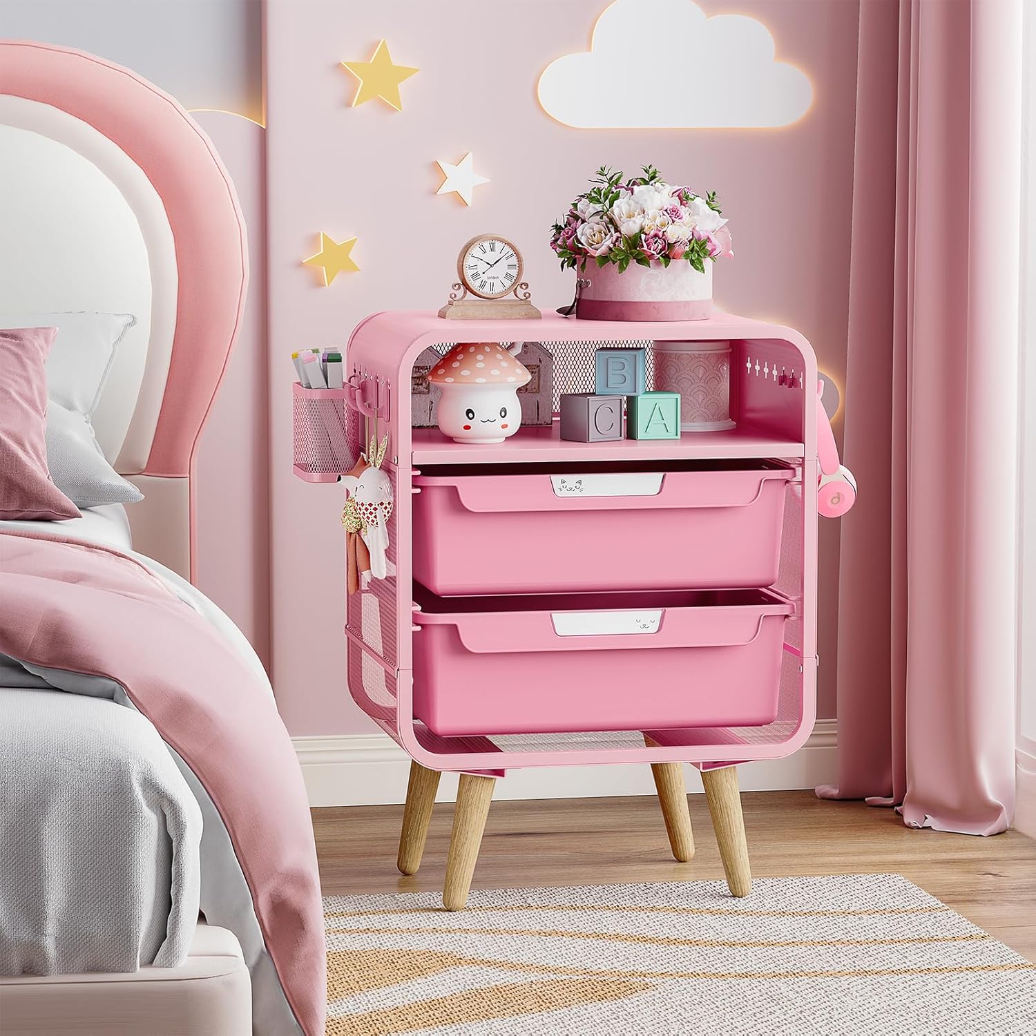 Pink Nightstand,Cute End Table with Storage Drawer,Kids Nightstand for Bedroom Furniture,Bedside Table Small Pink Desk Coffee Table for Living Room, Dorm,Office - Image 2