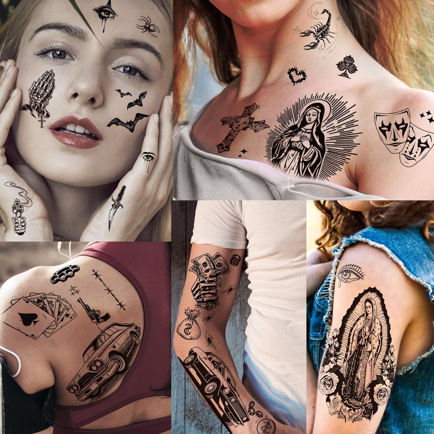 12 Sheets Large Chicano Temporary Tattoos, Cholo and Chola Temporary Tattoos, Chicana Guadalupe Gangster Fake Tattoos Day of the Dead, Día de Muertos, Tatuajes Temporales, Halloween Mexico Tattoos - Image 6