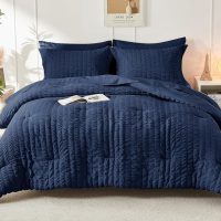 HYMOKEGE Navy Blue Queen Comforter Set Seersucker 7 Pieces, All Season Luxury Bed in a Bag for Bedroom, Bedding Set with Comforters, Sheets, Pillowcases & Shams - Image 9