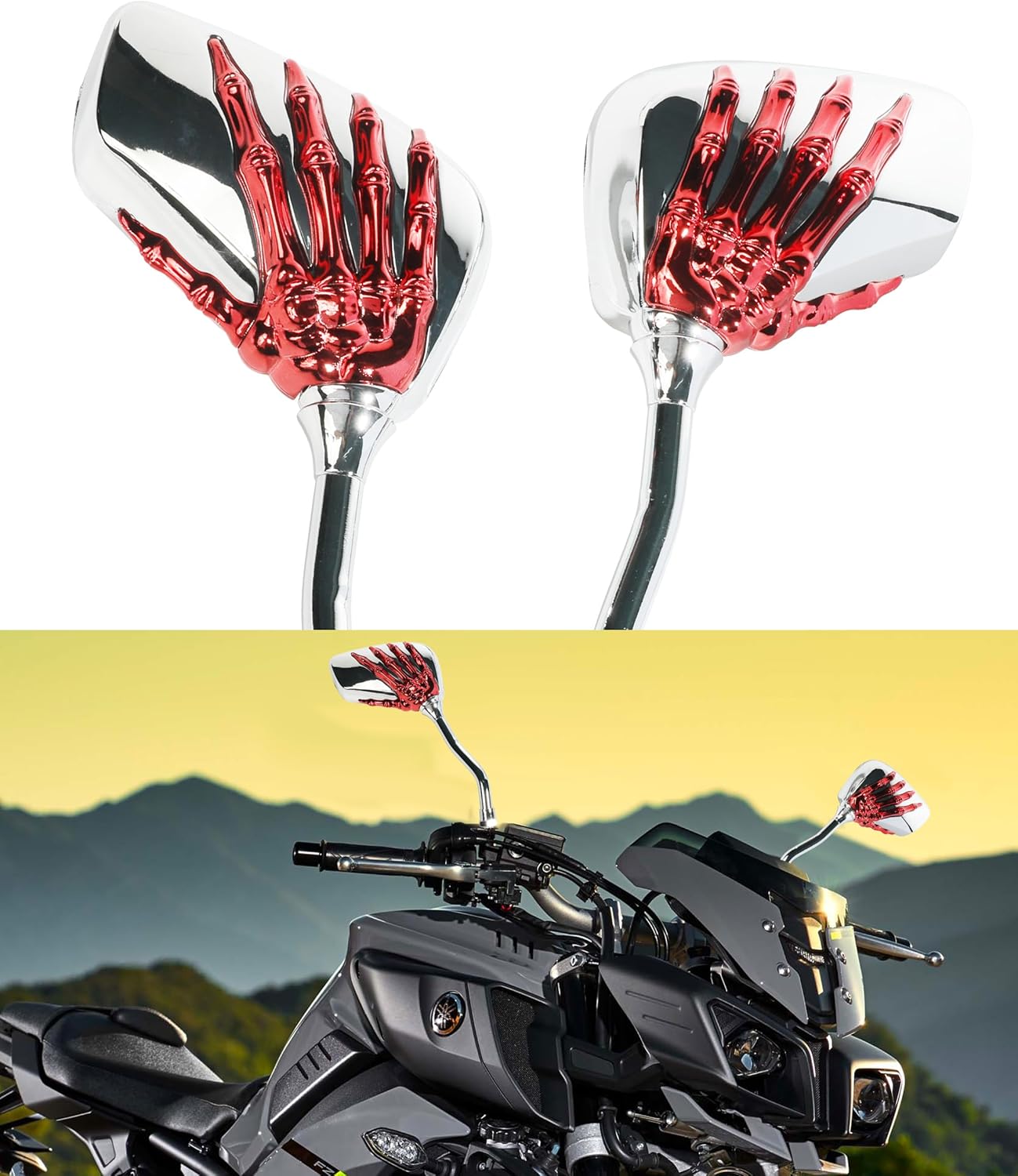 Pairs of Motorcycle Mirrors,Universal 8mm 10mm Motorcycle Rear View Mirrors,Car Accessories Skull Skeleton Hand Bike Mirror,Rearview Side Mirror for Motorcycle Bike (Red) - Image 3