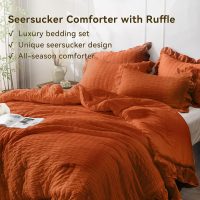 JOLLYVOGUE Burnt Orange Queen Comforter Set, 3 Pieces Seersucker Comforters Queen Size, Lightweight & Fluffy Bedding Sets Queen for All Season with 1 Ruffle Comforter and 2 Ruffle Pillowshams - Image 4