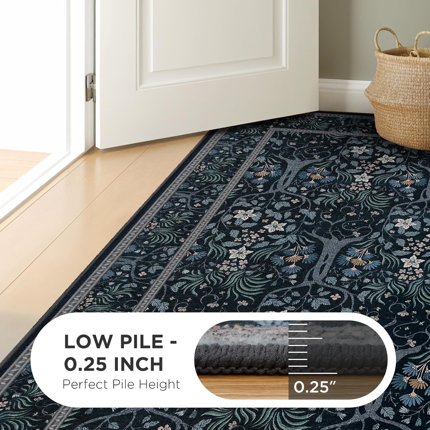 Joydeco Machine Washable Area Rugs 5x7, Boho Floral Rug for Bedroom Non Slip, Soft Forest Botanical Low-Pile Floor Indoor Throw Carpet for Living Dining Room Dorm Office, Blue-Black - Image 5