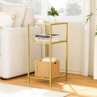 Homhedy 3-Tier Side Tables Set of 2, End Tables with Tempered Glass, Nightstands with Storage Shelves, Slim Sofa Tables for Living Room, Bedroom (2, Golden) - Image 9