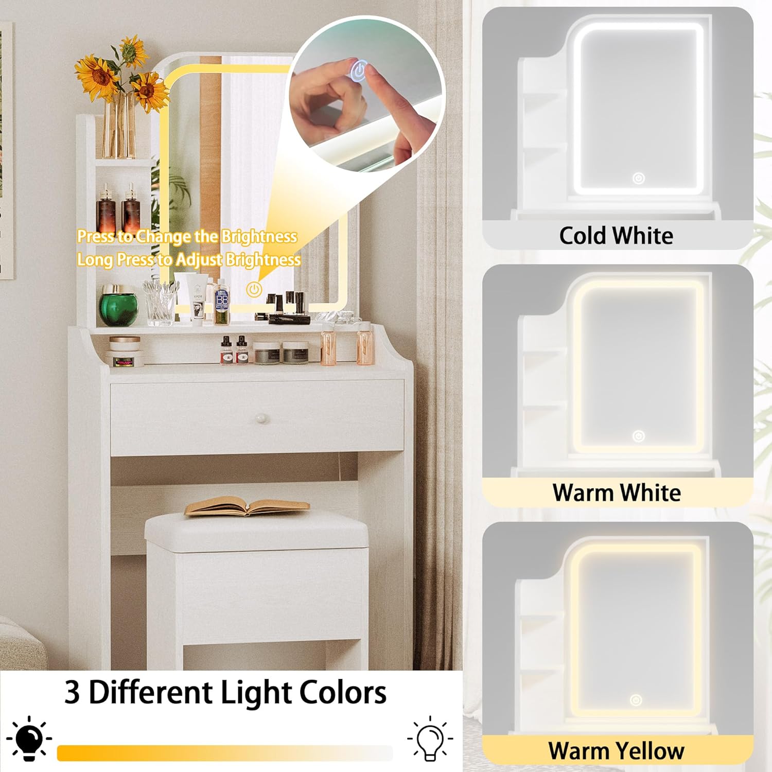 LIKIMIO Small Makeup Vanity Desk with Mirror and Lights, Vanity Table Set with Storage Drawer, Chair and Three Shelves, Bedroom, White - Image 3