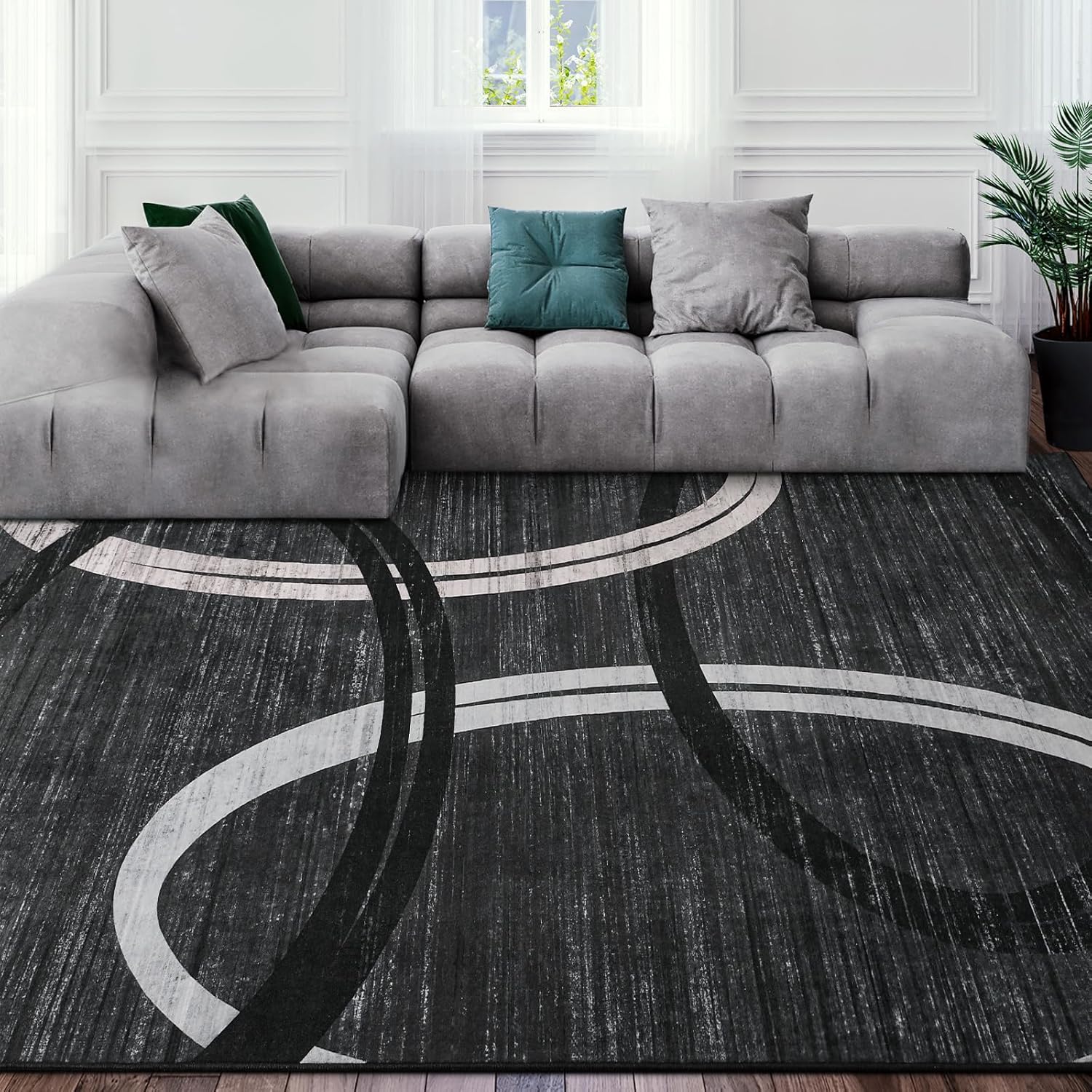 Kimicole Grey Area Rugs for Bedroom Living Room, 4x6 Modern Abstract Geometric Washable Rugs, Low Pile Thin Rug, Non-Slip Indoor Wavy Circles Floor Carpet for Office Dining Room Home Decor - Image 8