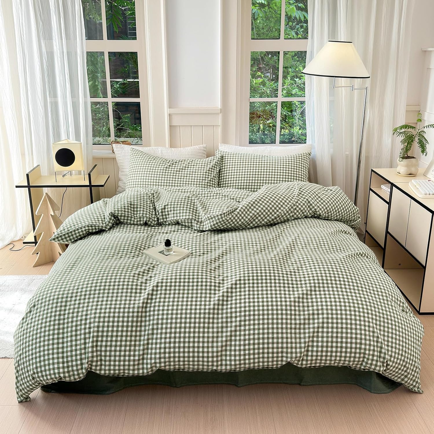 Queen Comforter Set Green Gingham Comforter Modern Style Checkered Pattern Comforter Set Boho Grid Plaid Bedding Comforter Lightweight Fluffy Soft Grid Bedding Set Queen Size Breathable - Image 3