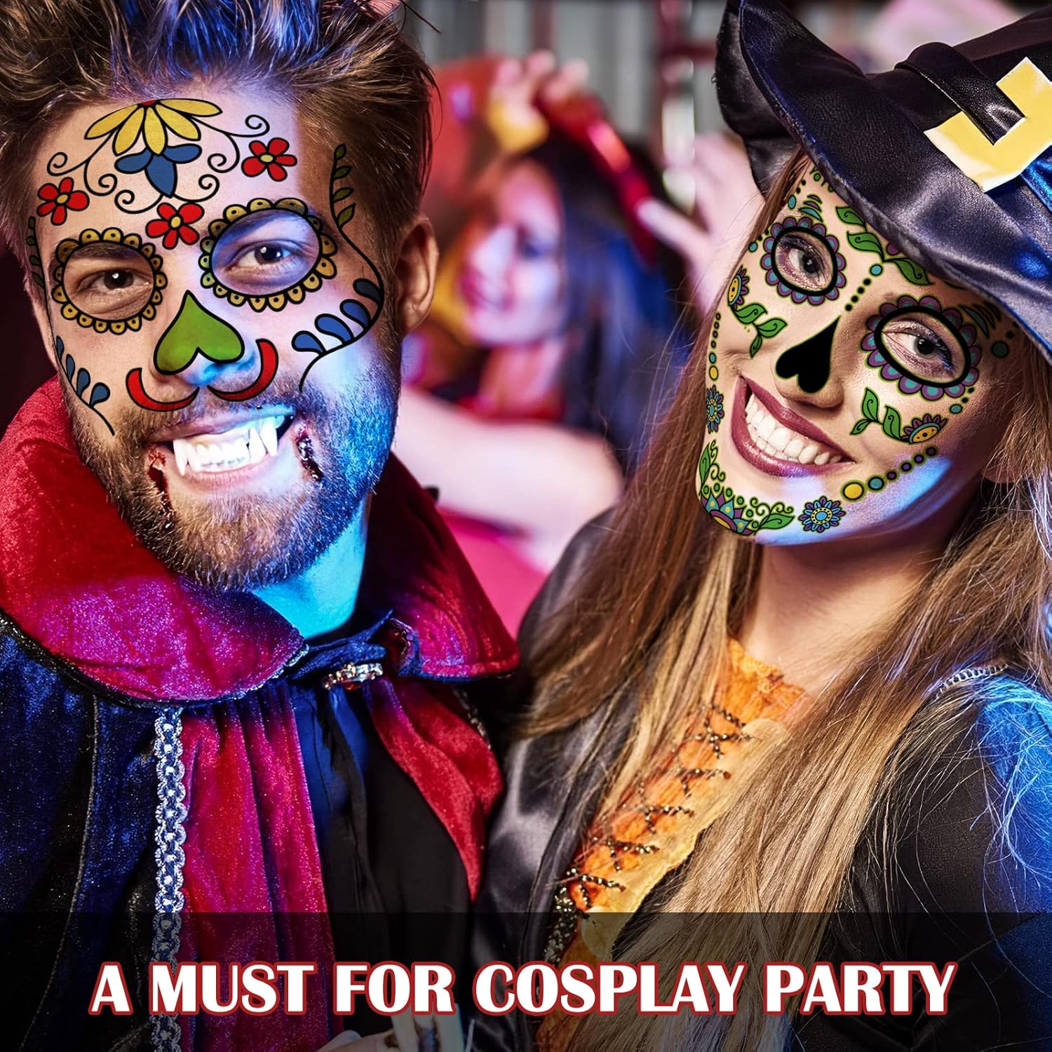 Day of the Dead Face Tattoos Makeup Kit, 10 Pack Halloween Sugar Skull Red Roses Temporary Tattoos for Adults Women Men Kids, DIY Skull Full Face Mask Stickers for Halloween Party Cosplay Supplies - Image 7