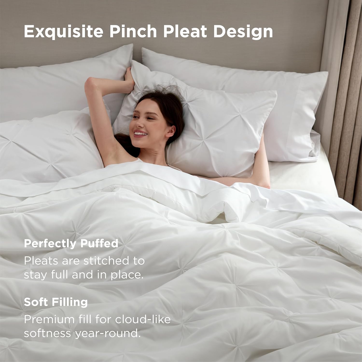 Bedsure Queen Comforter Set White - Bed in a Bag Queen Size 7 Pieces, GentleSoft™ Pintuck Bed Set Gift for Family, Pinch Pleat White Comforter with Sheets, Pillowcases & Shams - Image 4