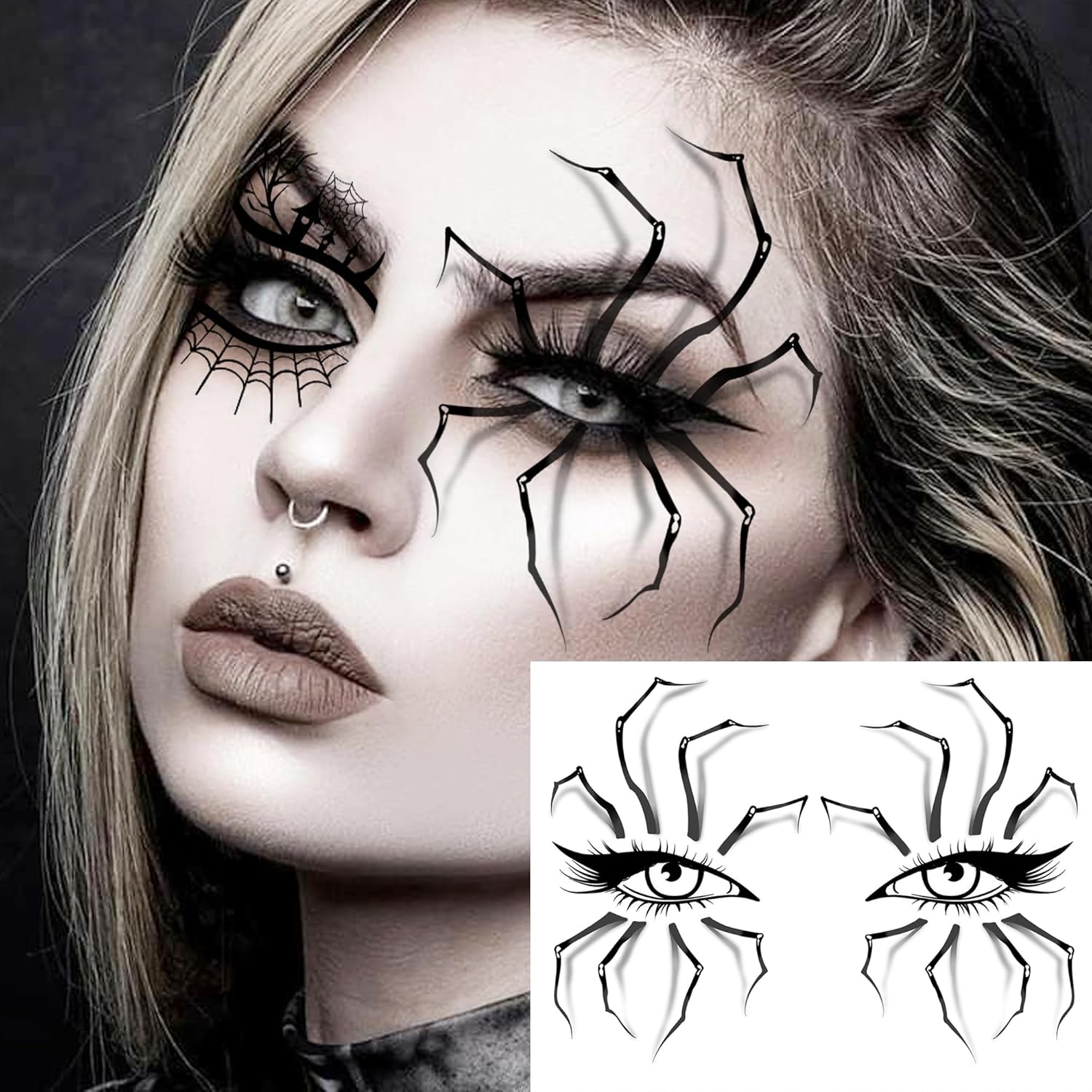 7 Sheets Halloween Eye Shadow Temporary Tattoos For Women Men Kids Adults, Halloween Eye Scary Face 3D Spider Web Tattoo Stickers, Cat Skull Bat Eyeliner Fake Tattoos Halloween Makeup Accessory - Image 2