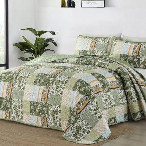 WONGS BEDDING Green Quilt Set King Size，Green Patchwork Plaid Printed Bedspread Coverlet Set，3 Pieces Summer Soft Microfiber Boho Bedding Set with 1 Quilt 2 Pillowcases