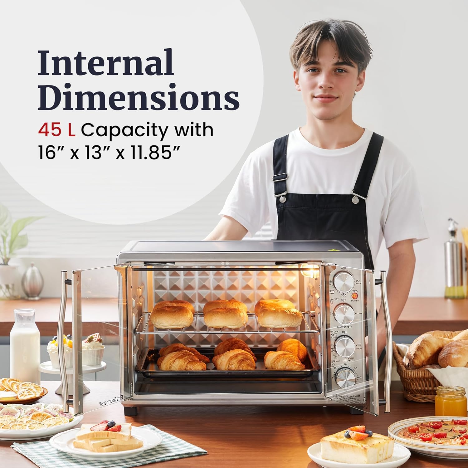 Elite Gourmet ETO4524 45L Countertop Convection Toaster Oven, French Doors, Adjustable Temperature & Timer, Bake, Roast, Broil, Toast, Includes Baking Pan, Rack, Rotisserie, Stainless Steel - Image 3