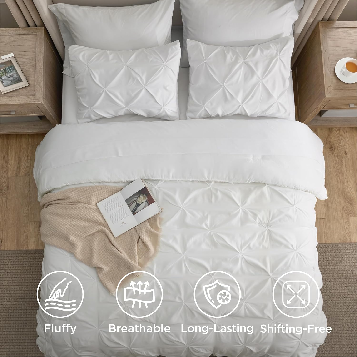 Bedsure Queen Comforter Set White - Bed in a Bag Queen Size 7 Pieces, GentleSoft™ Pintuck Bed Set Gift for Family, Pinch Pleat White Comforter with Sheets, Pillowcases & Shams - Image 6