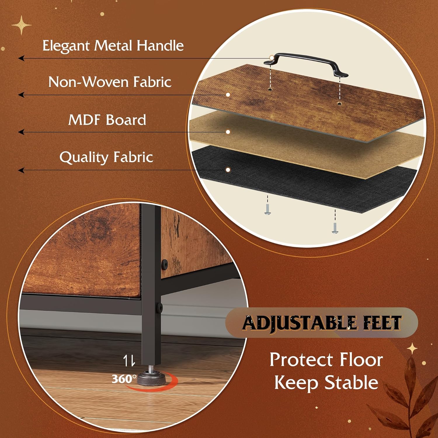 WLIVE 6 Drawer Dresser for Bedroom Large, Fabric Wide Dresser TV Stand for 50, 55, 60 inch TV, Big Long Chest of Drawers with Deep Drawer for Closet, Bedroom, Living Room, Hallway, Rustic Brown - Image 5