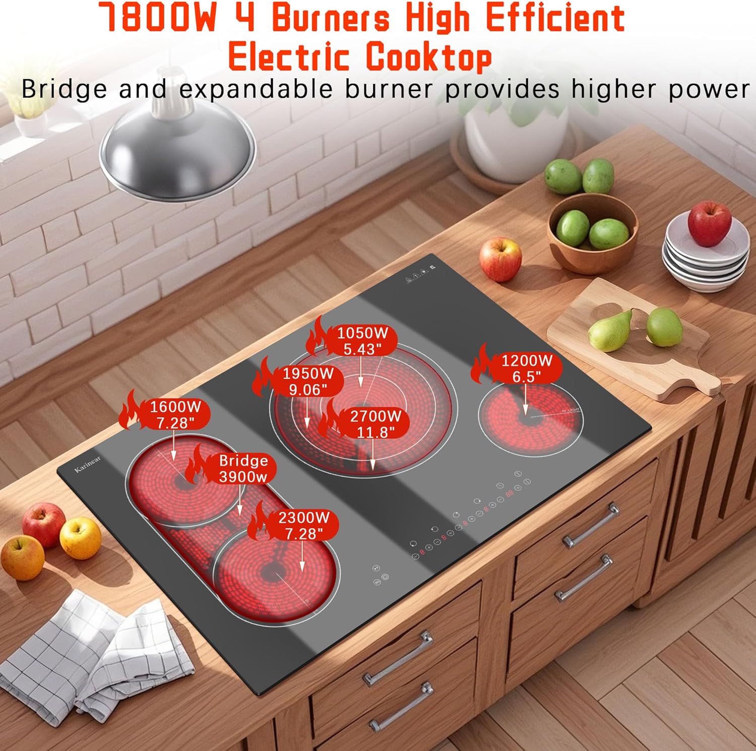 Karinear Electric Cooktop 30 Inch, 4 Burners Electric Stove Top, Flexible Bridge &Triple Ring Expandable Burners, Pause, Timer, Child Safety Lock, 7800W Built-in Ceramic Cooktop for 220-240V Hard Wire - Image 4