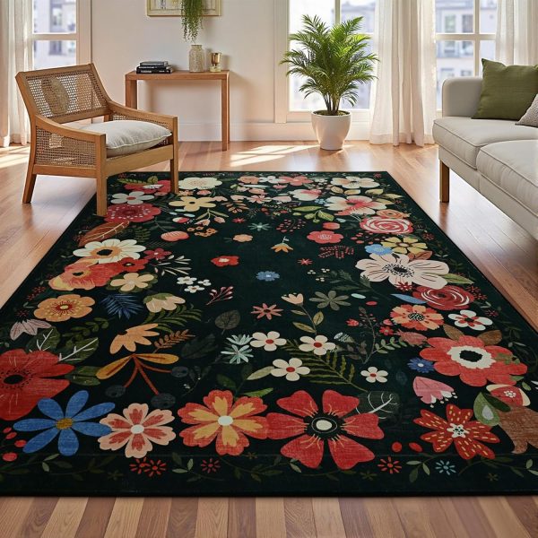 Vasofe 5x7 Rug for Bedroom,Washable Rugs for Living Room, Dining Room, Indoor Floor Mat, Floral Printed Mats for Nrusery, Farmhouse, Laundry Room,Non Slip Low Pile Soft Modern Carpet, Black